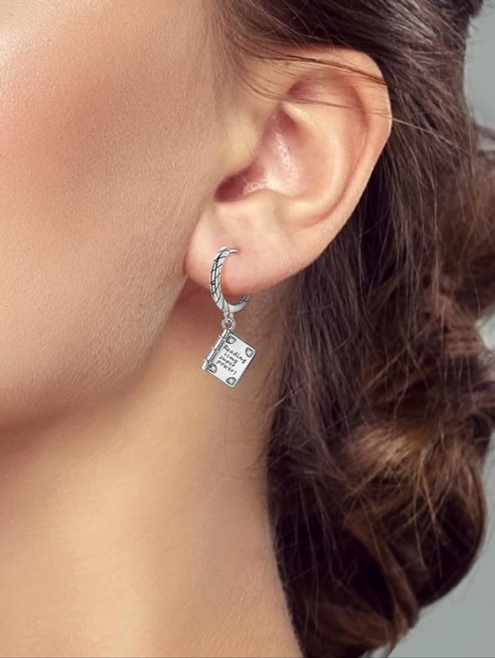 Sterling Silver Book & Coffee Charm Hoop Earrings - Picture 4 of 4